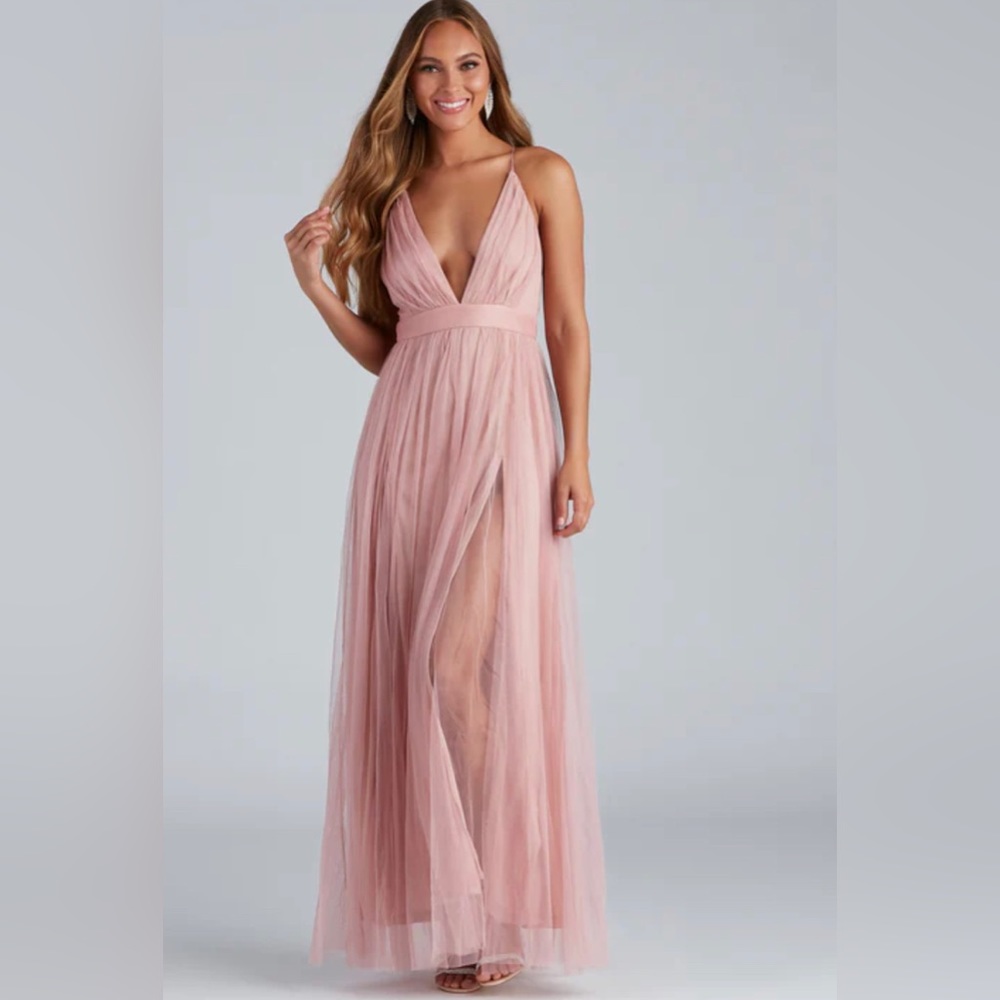 Blush Pink Pleated Tulle Formal Dress